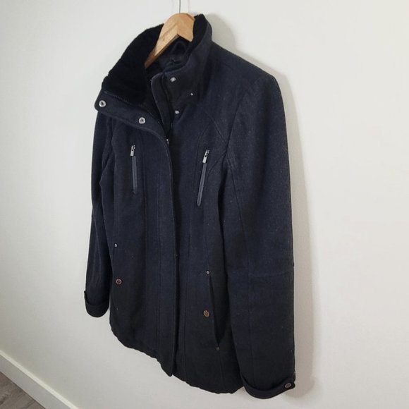 London Fog – Women Wool Faux Fur Trim Winter Jacket/Coat Charcoal Gray Medium - Picture 4 of 10